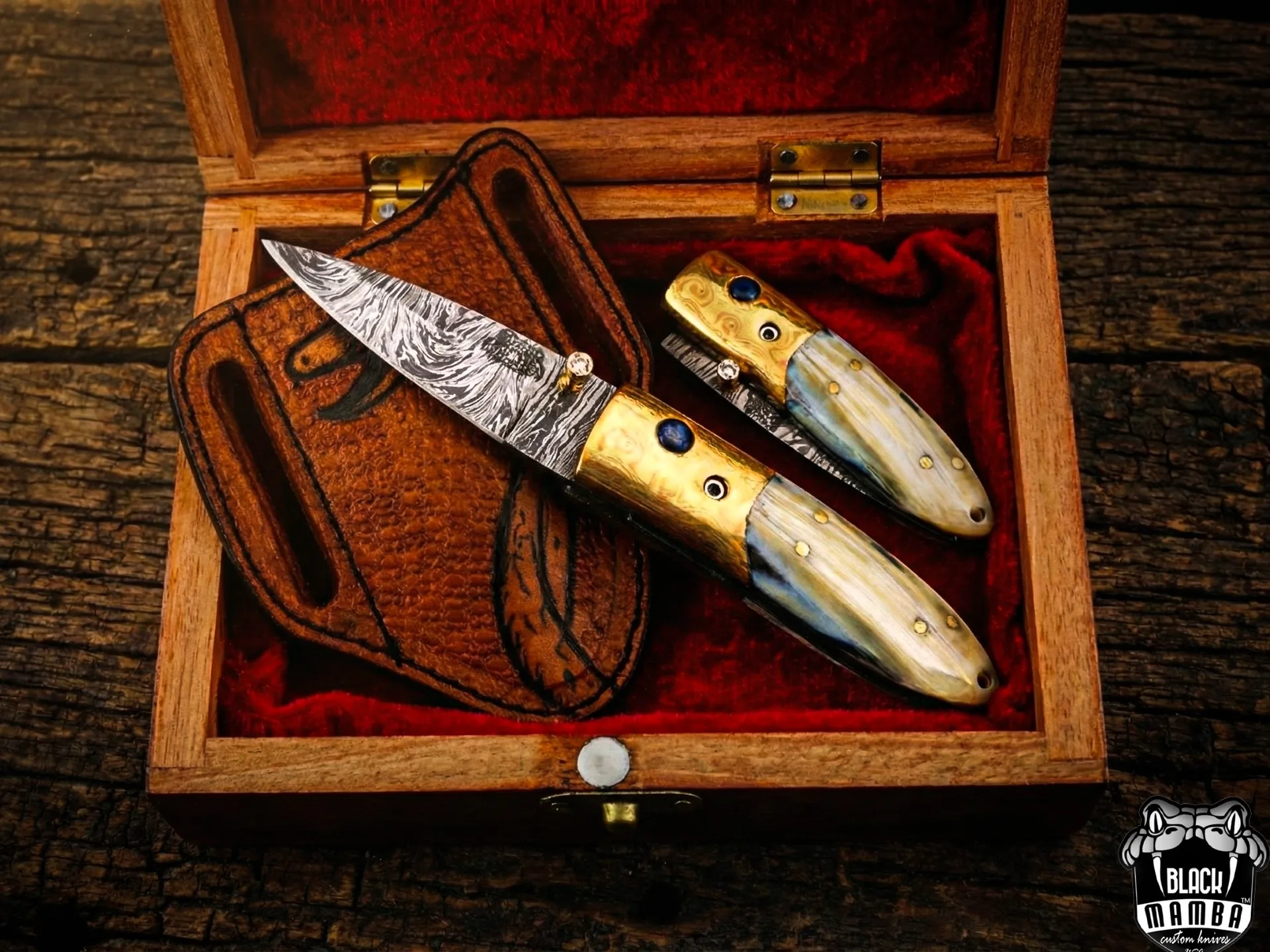 Black Mamba Knives Aphrodite 3.5 Inches Closed Damascus Pocket Knives Mokume Bolsters, Antique Animal Tooth Stone, Green Ruby, Diamond Folding Knife USA Made | BMK-1012 - view 7