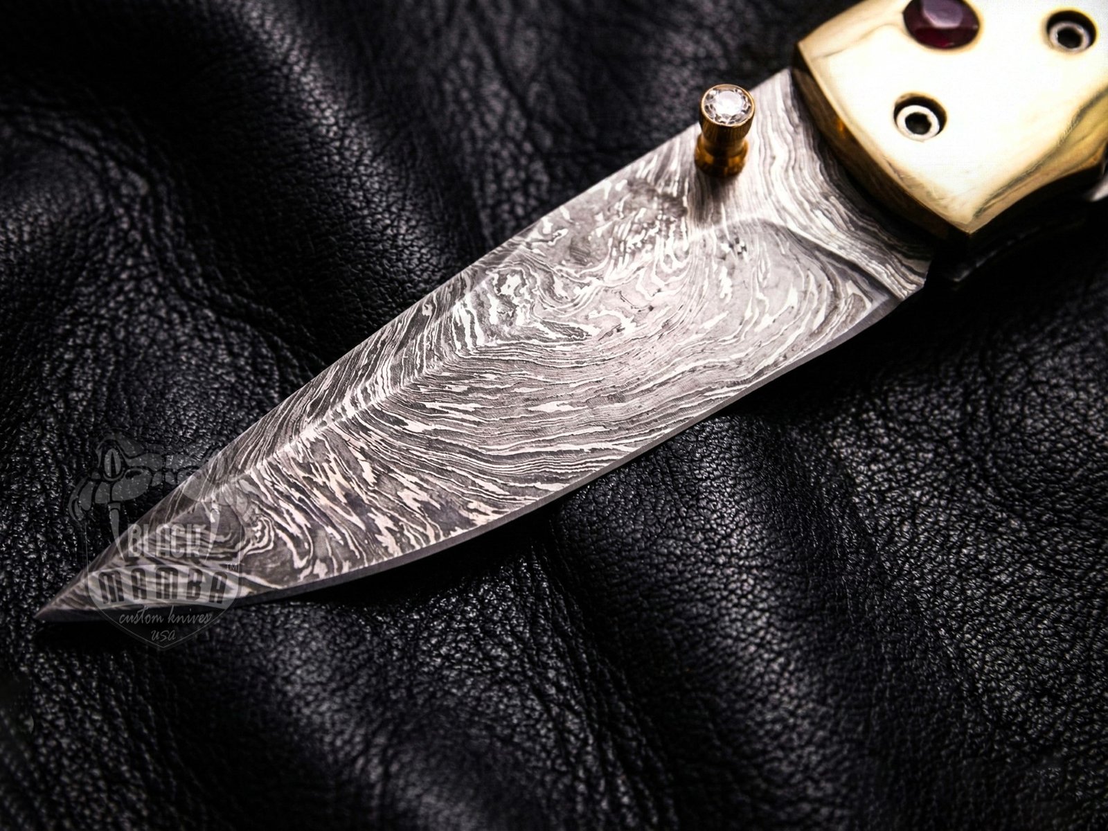 Black Mamba Knives Bmk-1020 Gaea 7 Inches Damascus Pocket Knives Mokume Bolsters,Black jade Gem Stone,Green Ruby Pure White Diamond - Image 10