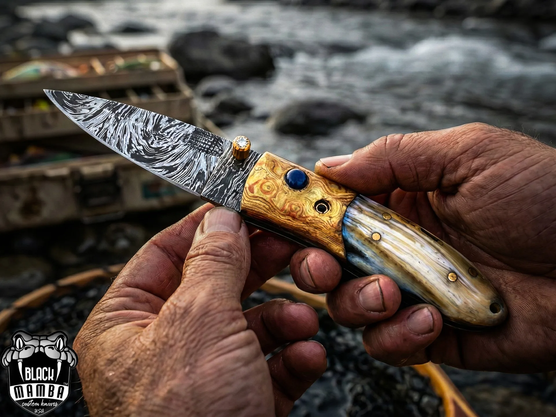 Black Mamba Knives Aphrodite 3.5 Inches Closed Damascus Pocket Knives Mokume Bolsters, Antique Animal Tooth Stone, Green Ruby, Diamond Folding Knife USA Made | BMK-1012 - view 8