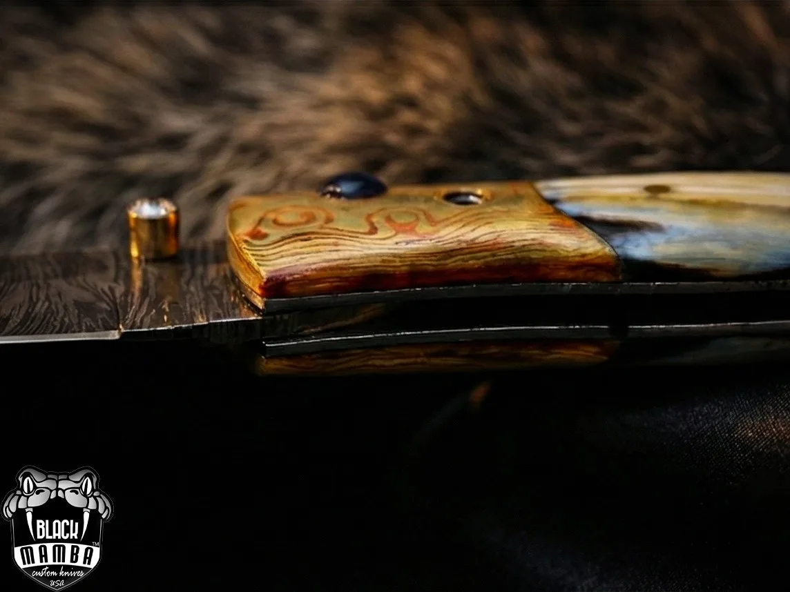 Black Mamba Knives Aphrodite 3.5 Inches Closed Damascus Pocket Knives Mokume Bolsters, Antique Animal Tooth Stone, Green Ruby, Diamond Folding Knife USA Made | BMK-1012 - view 9