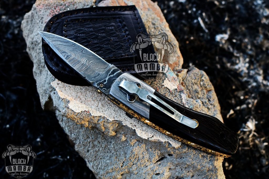 Bmk-428 Ribbon Snake 6.5 Long 2.8 Blade 4.5 Ounce Damascus Pocket Clip Knives Handmade Damascus Pocket Folding Knife With Leather Cover Hand Made World Class Knives USA Made - Image 2