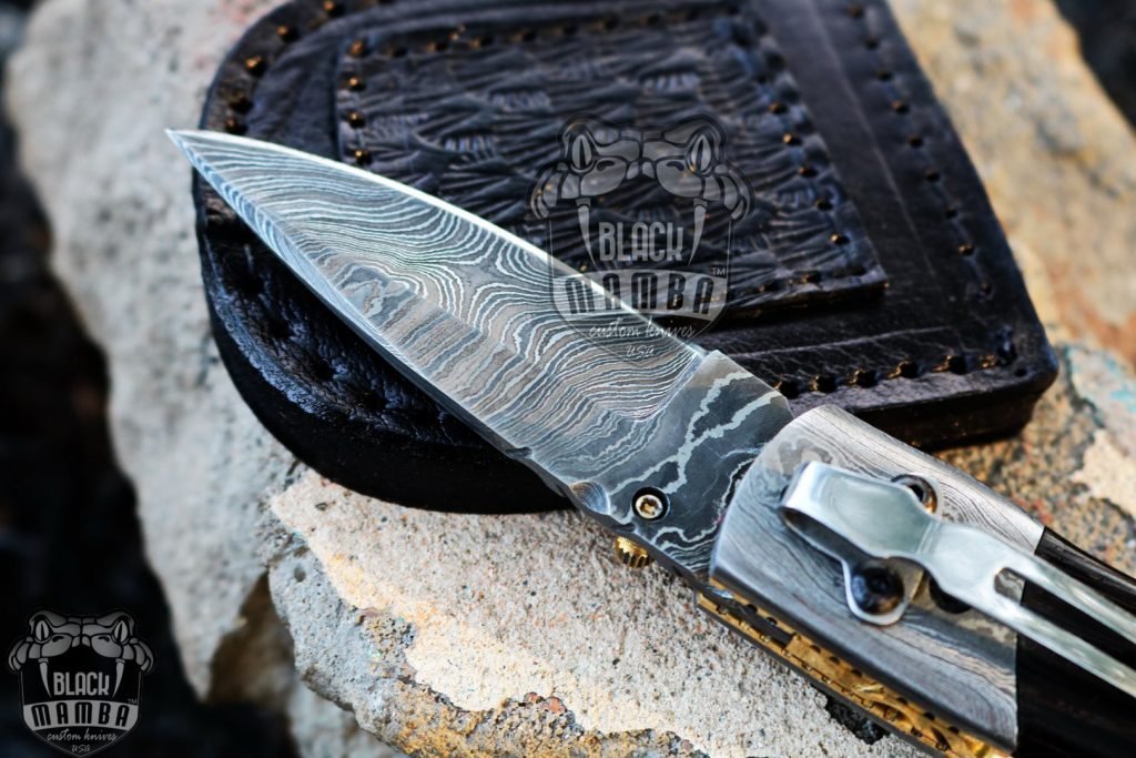 Bmk-428 Ribbon Snake 6.5 Long 2.8 Blade 4.5 Ounce Damascus Pocket Clip Knives Handmade Damascus Pocket Folding Knife With Leather Cover Hand Made World Class Knives USA Made - Image 3