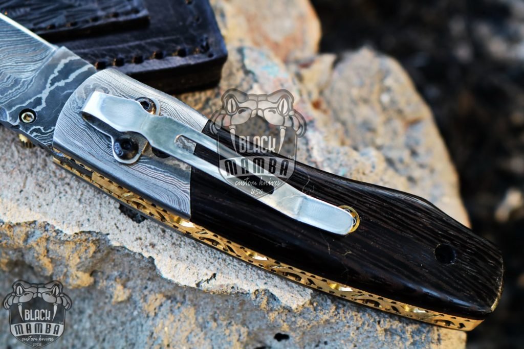 Bmk-428 Ribbon Snake 6.5 Long 2.8 Blade 4.5 Ounce Damascus Pocket Clip Knives Handmade Damascus Pocket Folding Knife With Leather Cover Hand Made World Class Knives USA Made - Image 4