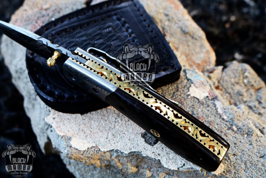 Bmk-428 Ribbon Snake 6.5 Long 2.8 Blade 4.5 Ounce Damascus Pocket Clip Knives Handmade Damascus Pocket Folding Knife With Leather Cover Hand Made World Class Knives USA Made - Image 6