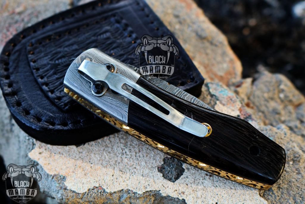 Bmk-428 Ribbon Snake 6.5 Long 2.8 Blade 4.5 Ounce Damascus Pocket Clip Knives Handmade Damascus Pocket Folding Knife With Leather Cover Hand Made World Class Knives USA Made - Image 8