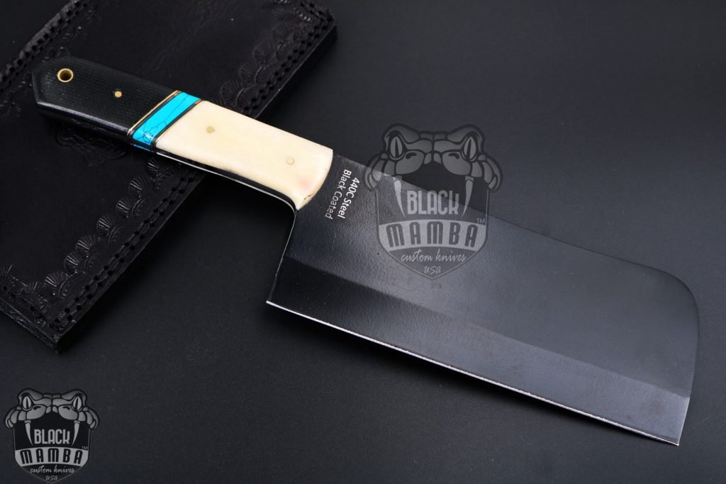 Bmk-704 Panda Cleaver Knife 12 Inches Long 7 Inches Blade 16.5 Ounce 440c stainless steel Black Coated Chef Cleaver Knife Hand Made Black Mamba Knives USA Made - Image 7