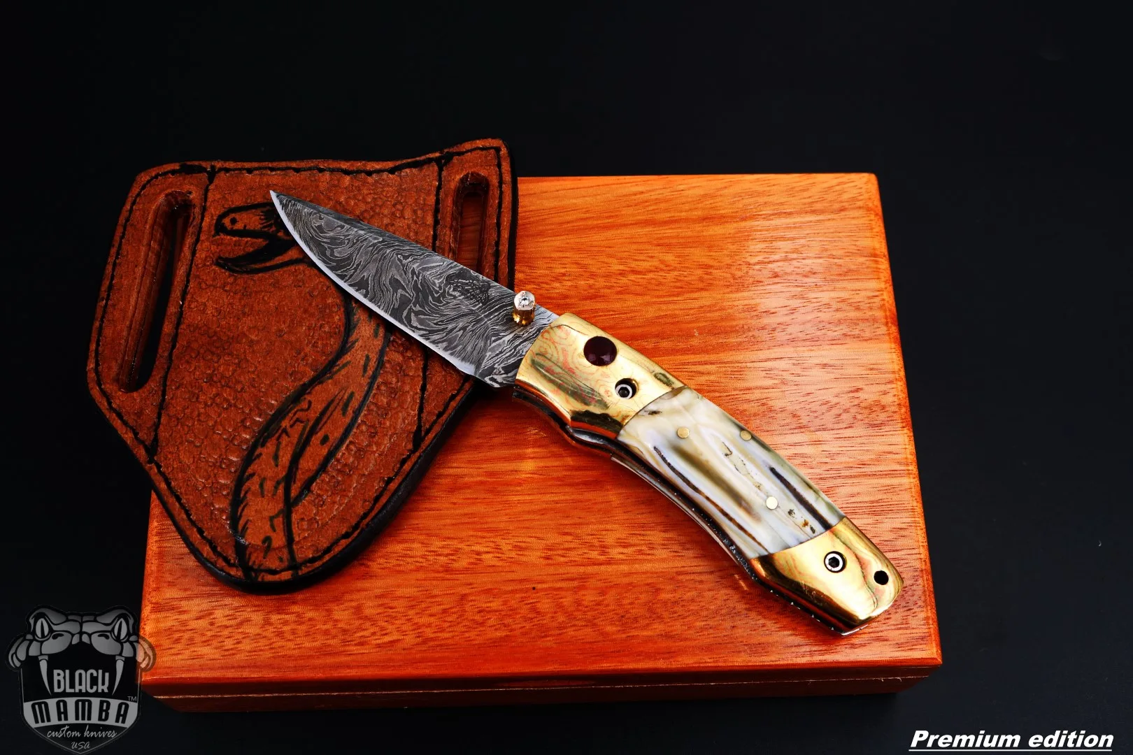 Zeus 6.5 Long High End Damascus Pocket Knives Mokume Bolsters, Antique Animal Tooth, Red Ruby, Pure White Diamond USA Made | BMK-1008 - view 2