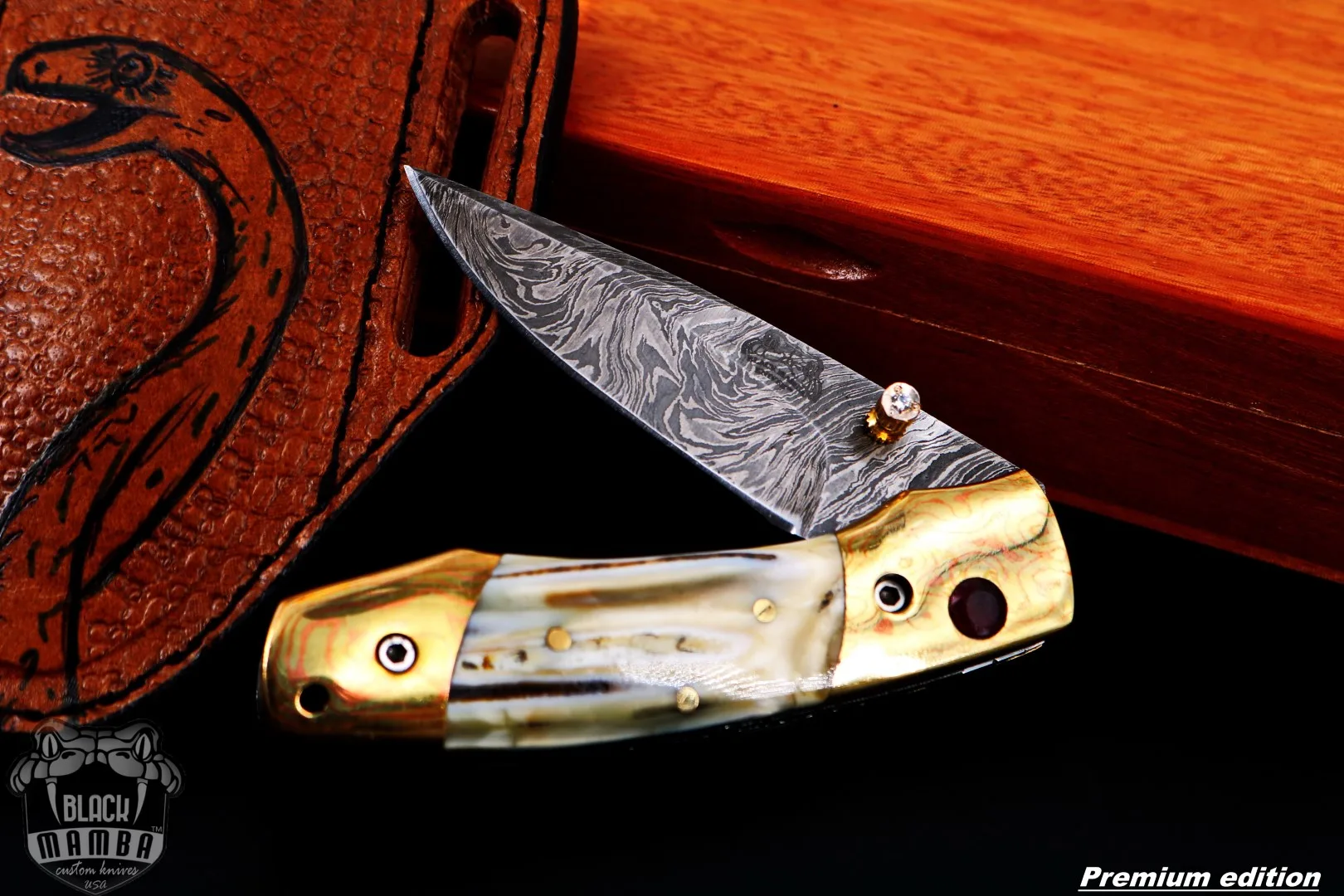 Zeus 6.5 Long High End Damascus Pocket Knives Mokume Bolsters, Antique Animal Tooth, Red Ruby, Pure White Diamond USA Made | BMK-1008 - view 3