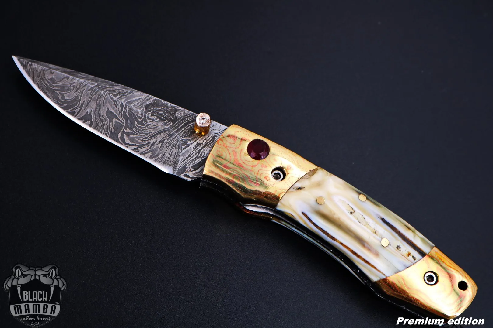 Zeus 6.5 Long High End Damascus Pocket Knives Mokume Bolsters, Antique Animal Tooth, Red Ruby, Pure White Diamond USA Made | BMK-1008 - view 4