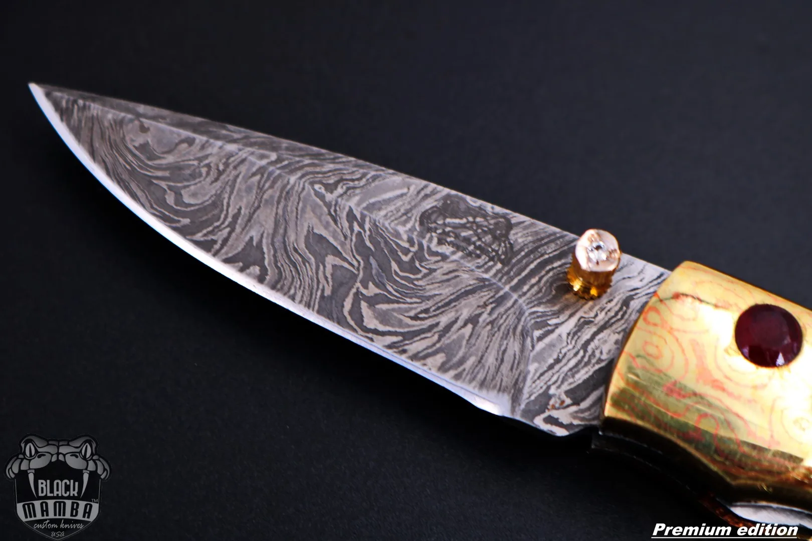 Zeus 6.5 Long High End Damascus Pocket Knives Mokume Bolsters, Antique Animal Tooth, Red Ruby, Pure White Diamond USA Made | BMK-1008 - view 5