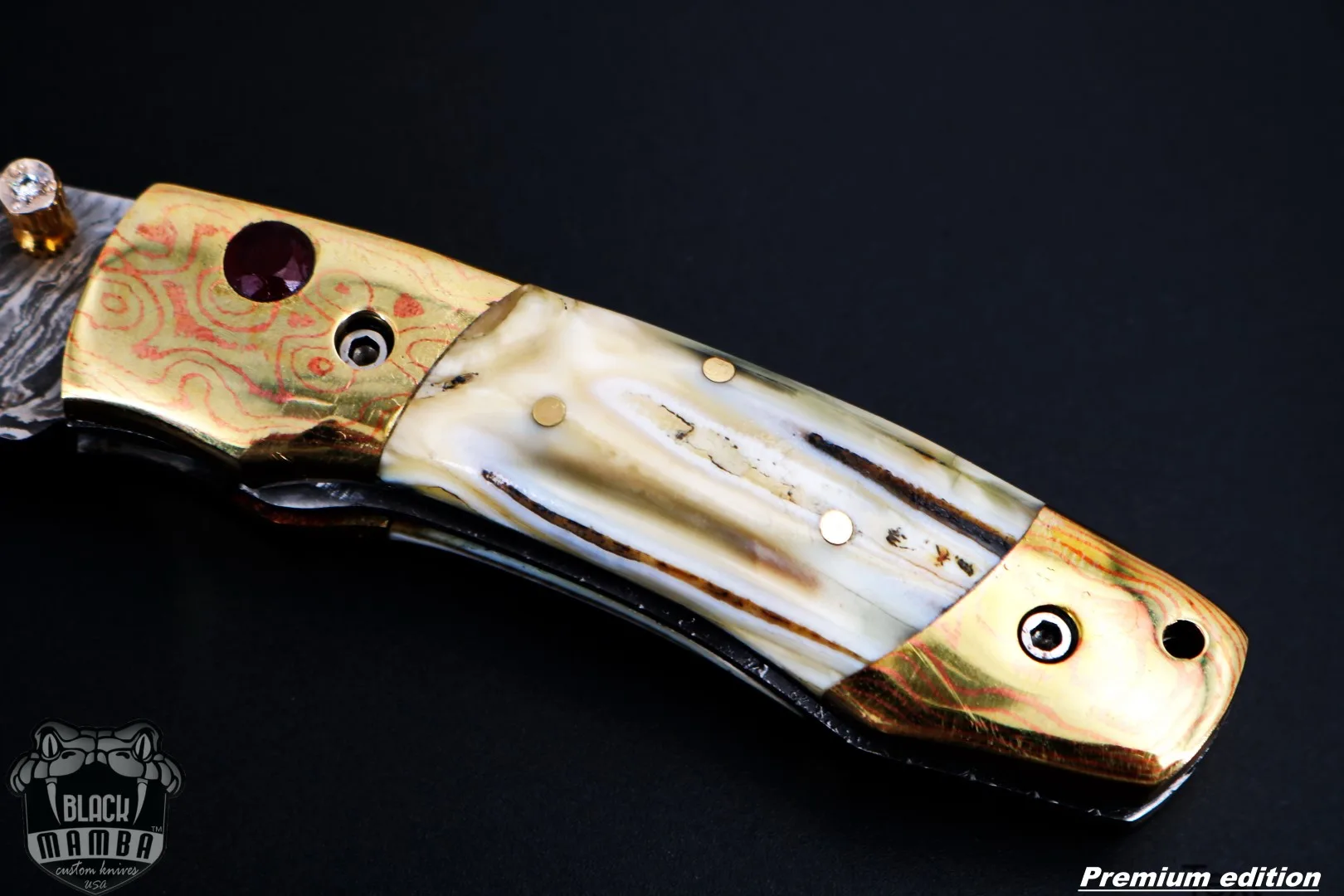 Zeus 6.5 Long High End Damascus Pocket Knives Mokume Bolsters, Antique Animal Tooth, Red Ruby, Pure White Diamond USA Made | BMK-1008 - view 6