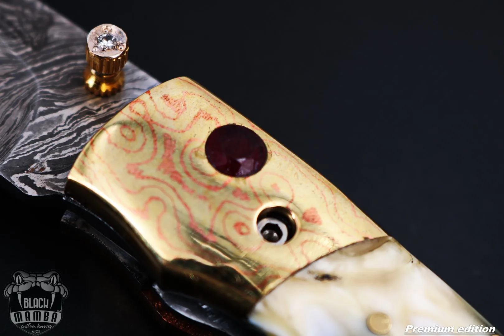 Zeus 6.5 Long High End Damascus Pocket Knives Mokume Bolsters, Antique Animal Tooth, Red Ruby, Pure White Diamond USA Made | BMK-1008 - view 7