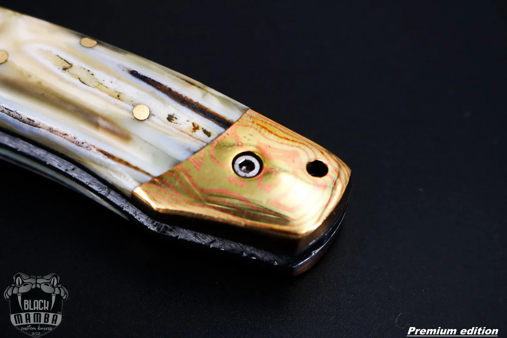 Zeus 6.5 Long High End Damascus Pocket Knives Mokume Bolsters, Antique Animal Tooth, Red Ruby, Pure White Diamond USA Made | BMK-1008 - view 8