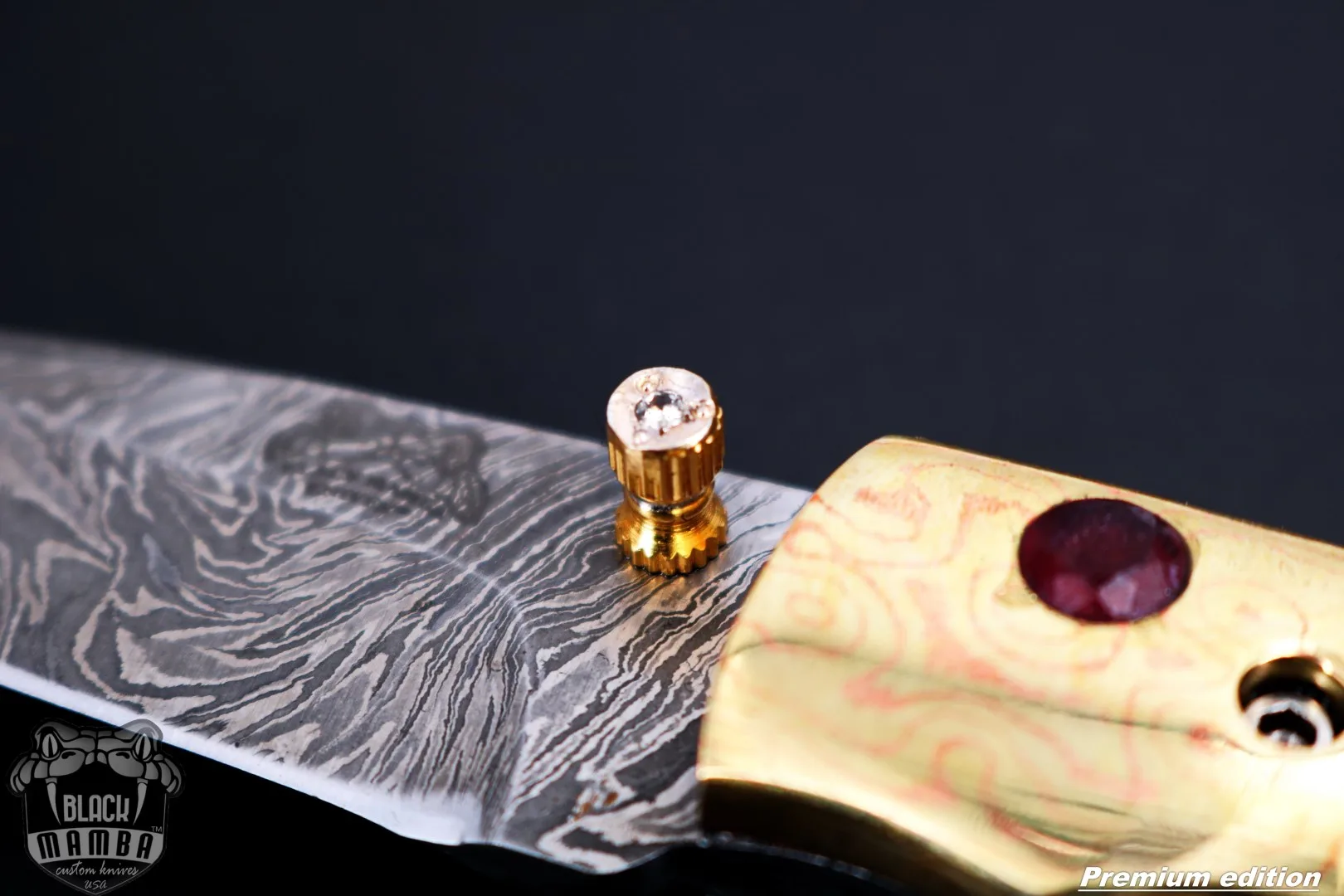 Zeus 6.5 Long High End Damascus Pocket Knives Mokume Bolsters, Antique Animal Tooth, Red Ruby, Pure White Diamond USA Made | BMK-1008 - view 9