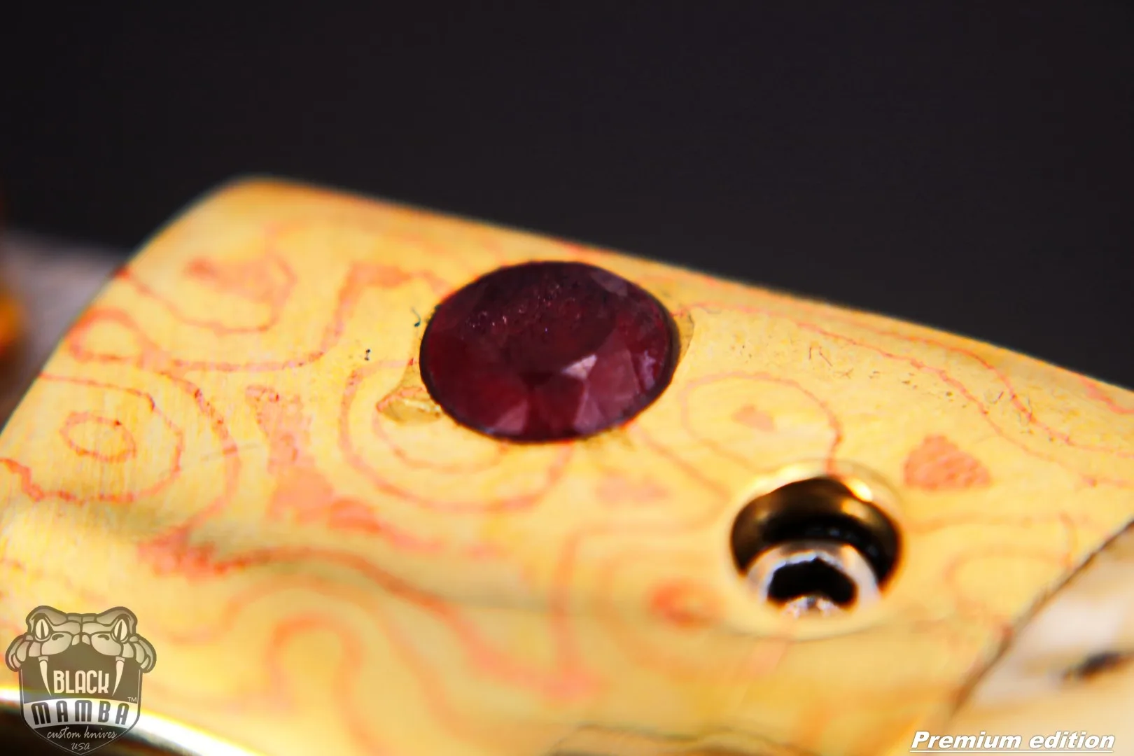 Zeus 6.5 Long High End Damascus Pocket Knives Mokume Bolsters, Antique Animal Tooth, Red Ruby, Pure White Diamond USA Made | BMK-1008 - view 11