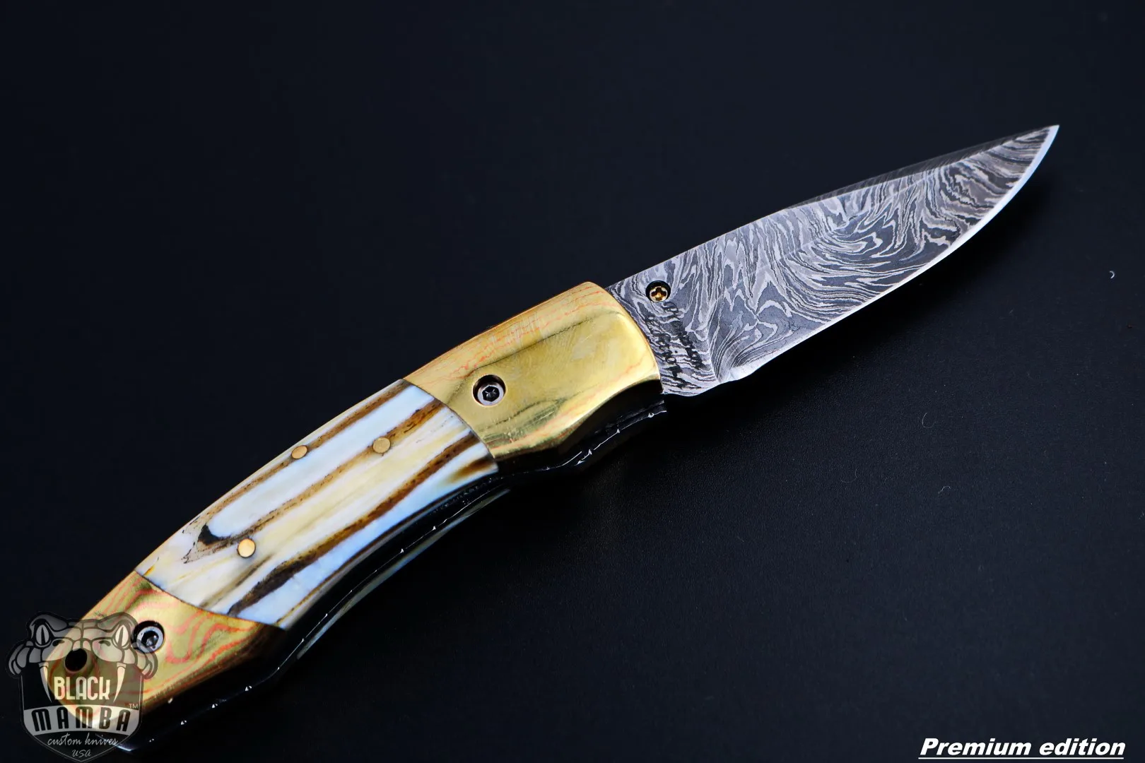 Zeus 6.5 Long High End Damascus Pocket Knives Mokume Bolsters, Antique Animal Tooth, Red Ruby, Pure White Diamond USA Made | BMK-1008 - view 12