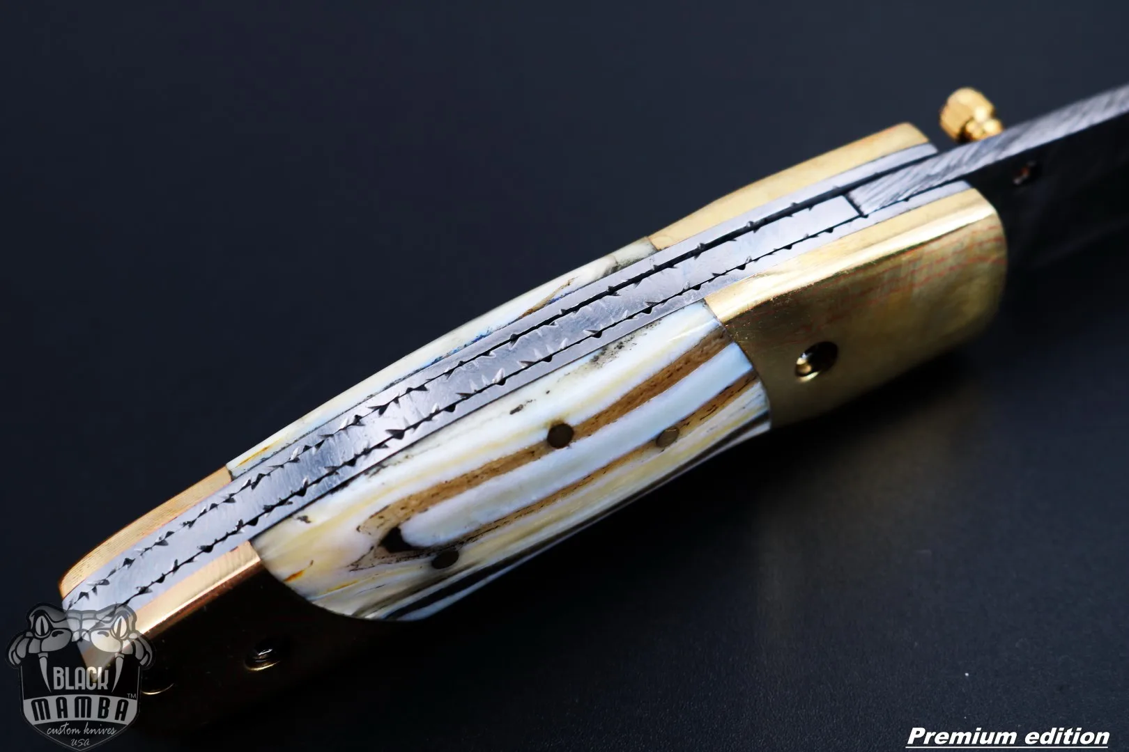 Zeus 6.5 Long High End Damascus Pocket Knives Mokume Bolsters, Antique Animal Tooth, Red Ruby, Pure White Diamond USA Made | BMK-1008 - view 15