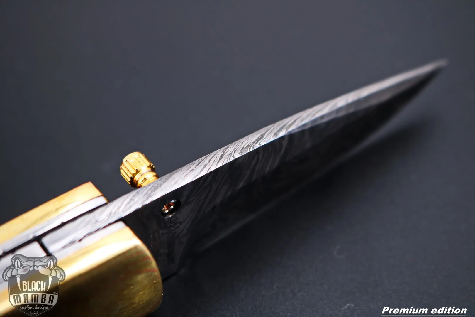 Zeus 6.5 Long High End Damascus Pocket Knives Mokume Bolsters, Antique Animal Tooth, Red Ruby, Pure White Diamond USA Made | BMK-1008 - view 16