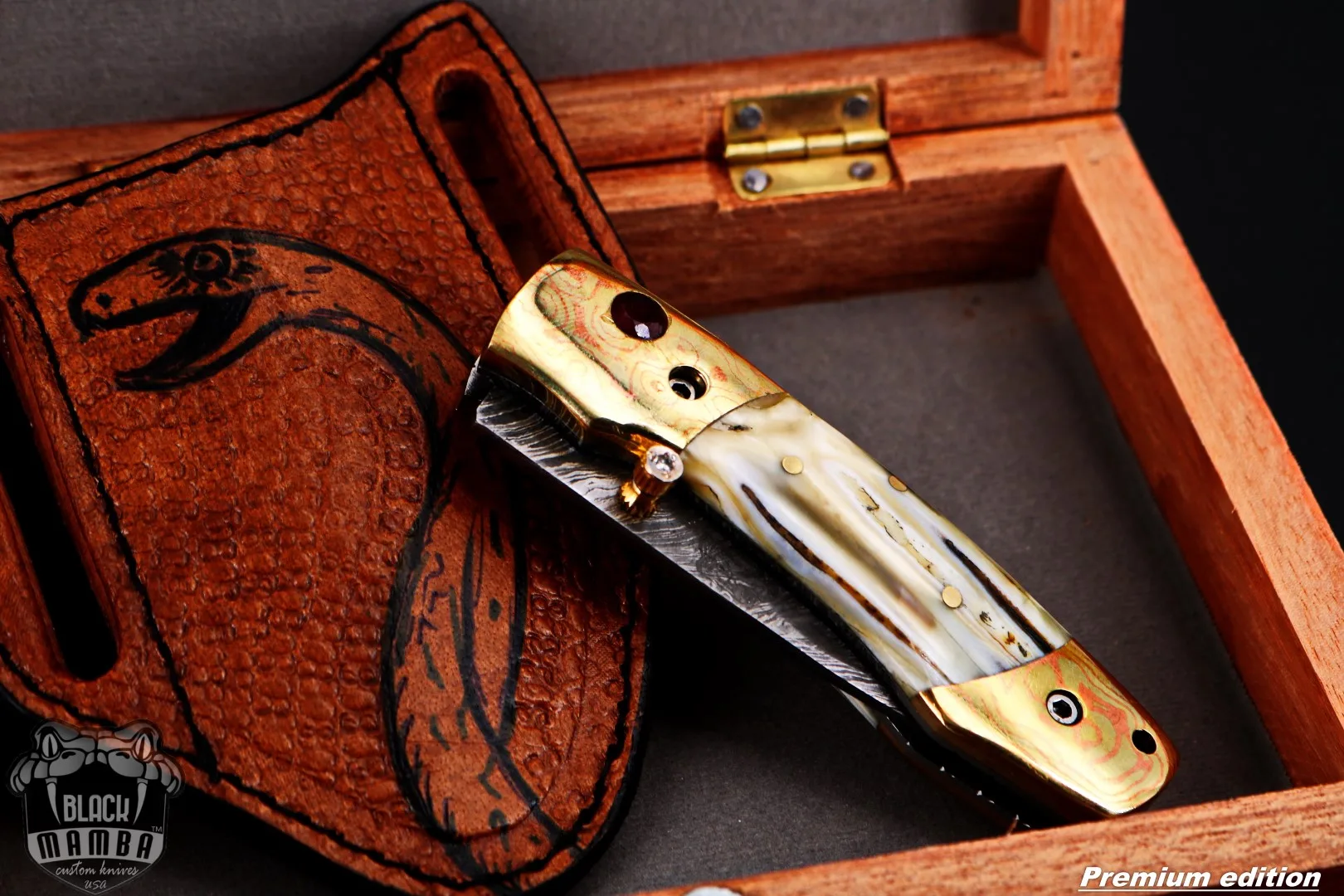 Zeus 6.5 Long High End Damascus Pocket Knives Mokume Bolsters, Antique Animal Tooth, Red Ruby, Pure White Diamond USA Made | BMK-1008 - view 17