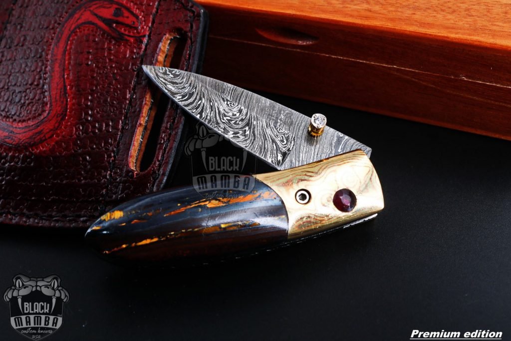 Bmk-1010 Ares 3.5 Inches High End Damascus Pocket Knives Mokume Bolsters,Tiger Iron Gem Stone,Red Ruby,Pure white diamond - Image 2