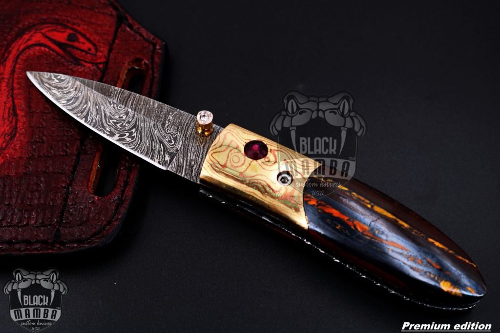 Bmk-1010 Ares 3.5 Inches High End Damascus Pocket Knives Mokume Bolsters,Tiger Iron Gem Stone,Red Ruby,Pure white diamond - Image 3