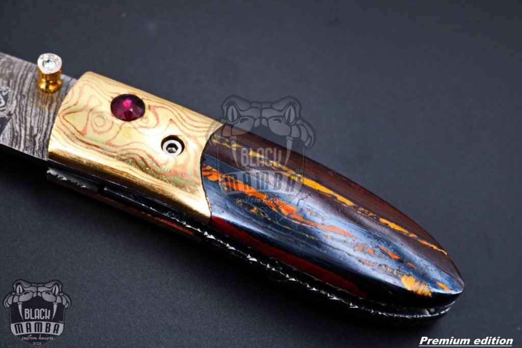 Bmk-1010 Ares 3.5 Inches High End Damascus Pocket Knives Mokume Bolsters,Tiger Iron Gem Stone,Red Ruby,Pure white diamond - Image 5