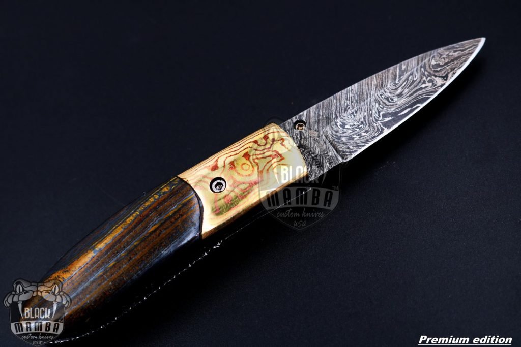 Bmk-1010 Ares 3.5 Inches High End Damascus Pocket Knives Mokume Bolsters,Tiger Iron Gem Stone,Red Ruby,Pure white diamond - Image 6