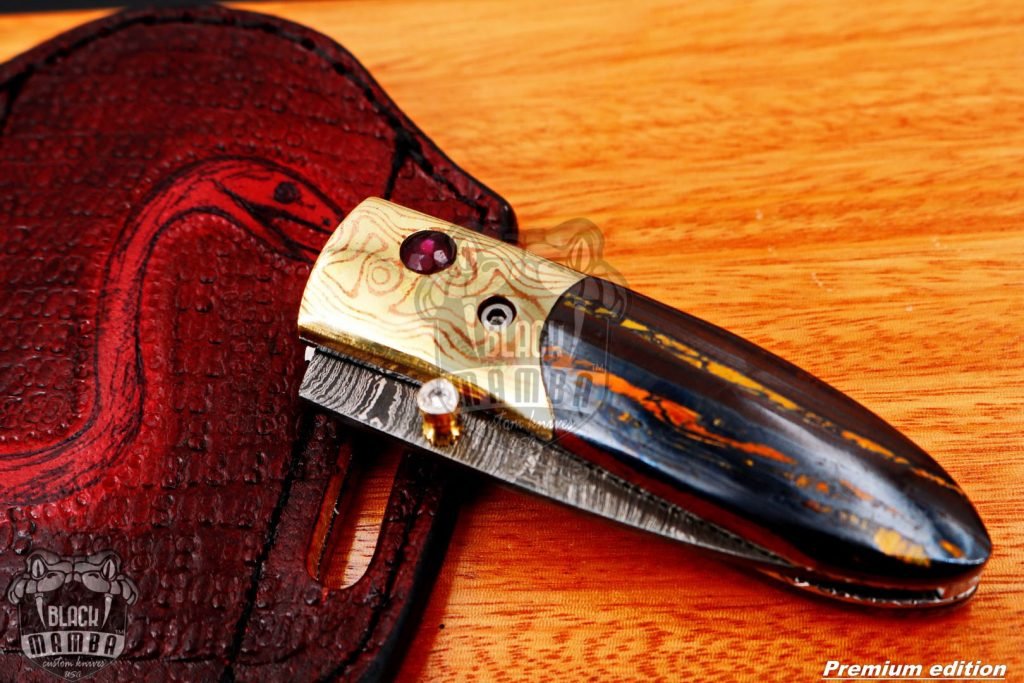 Bmk-1010 Ares 3.5 Inches High End Damascus Pocket Knives Mokume Bolsters,Tiger Iron Gem Stone,Red Ruby,Pure white diamond - Image 9