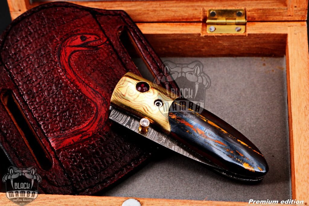 Bmk-1010 Ares 3.5 Inches High End Damascus Pocket Knives Mokume Bolsters,Tiger Iron Gem Stone,Red Ruby,Pure white diamond - Image 10