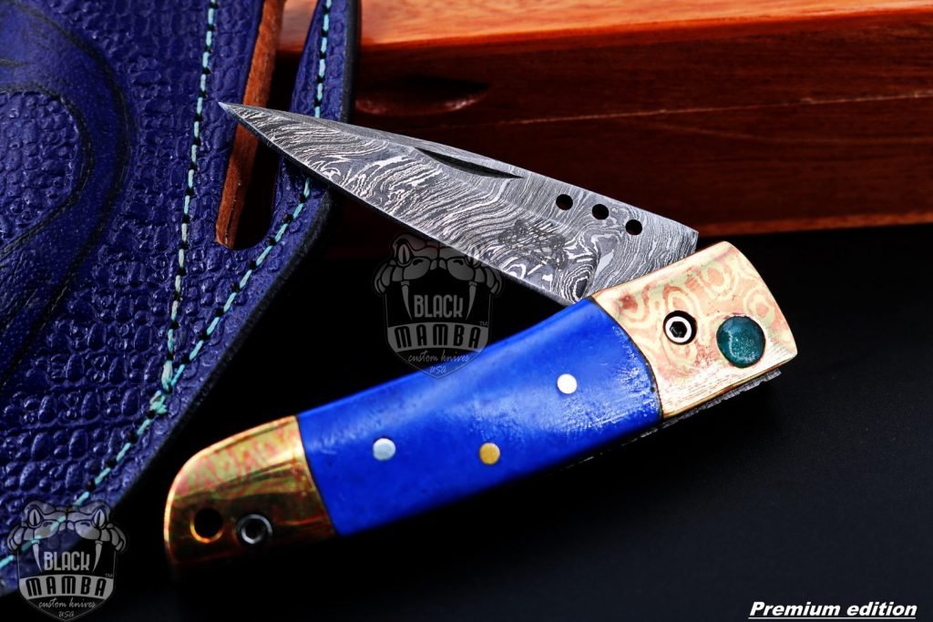 Bmk-1011 Poseidon 3 In Closed High End Damascus Pocket Knives Mokume Bolsters,Blue Lapis Gem Stone,Green Ruby - Image 2