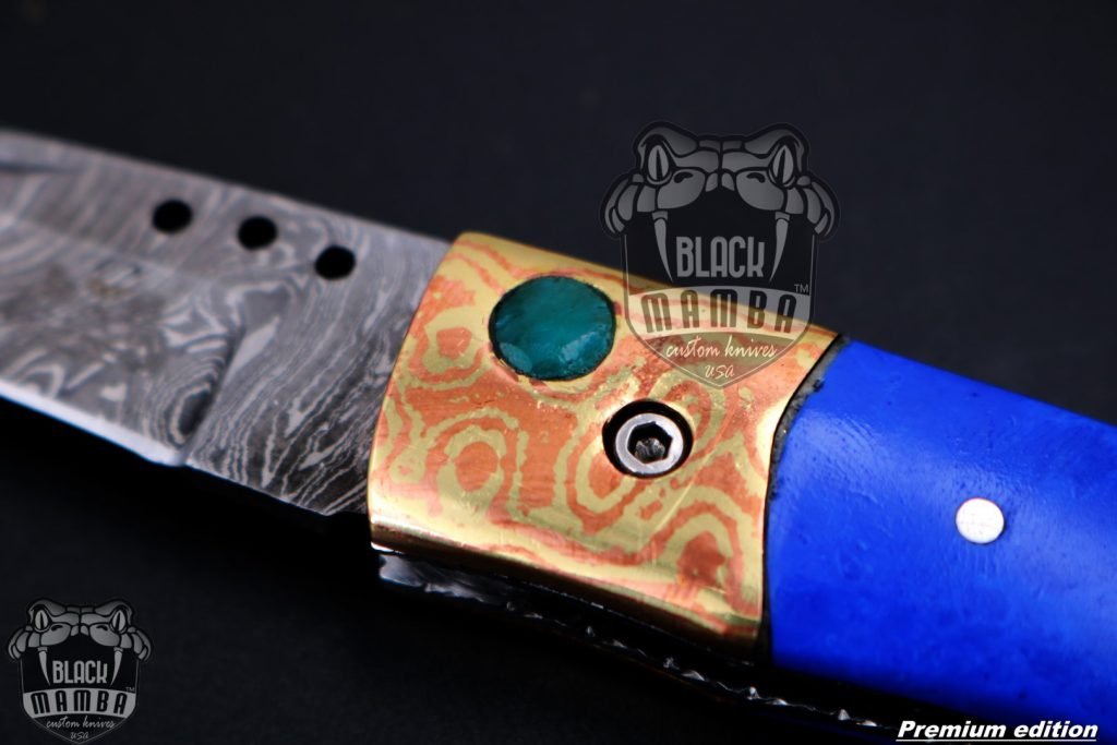 Bmk-1011 Poseidon 3 In Closed High End Damascus Pocket Knives Mokume Bolsters,Blue Lapis Gem Stone,Green Ruby - Image 4