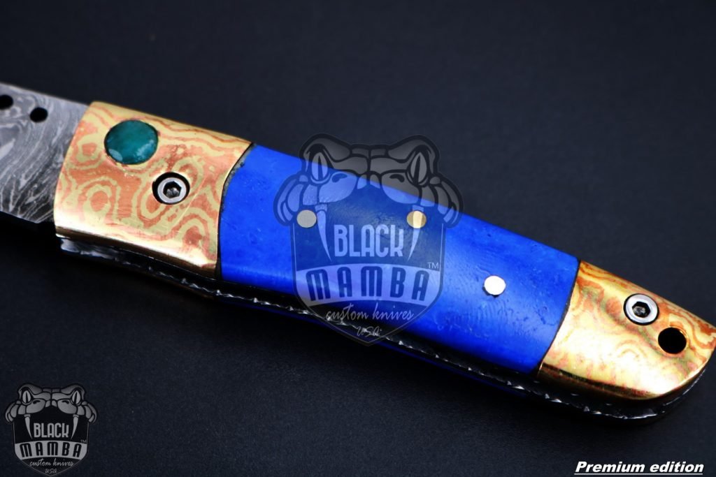 Bmk-1011 Poseidon 3 In Closed High End Damascus Pocket Knives Mokume Bolsters,Blue Lapis Gem Stone,Green Ruby - Image 5
