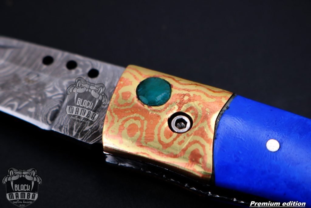 Bmk-1011 Poseidon 3 In Closed High End Damascus Pocket Knives Mokume Bolsters,Blue Lapis Gem Stone,Green Ruby - Image 6