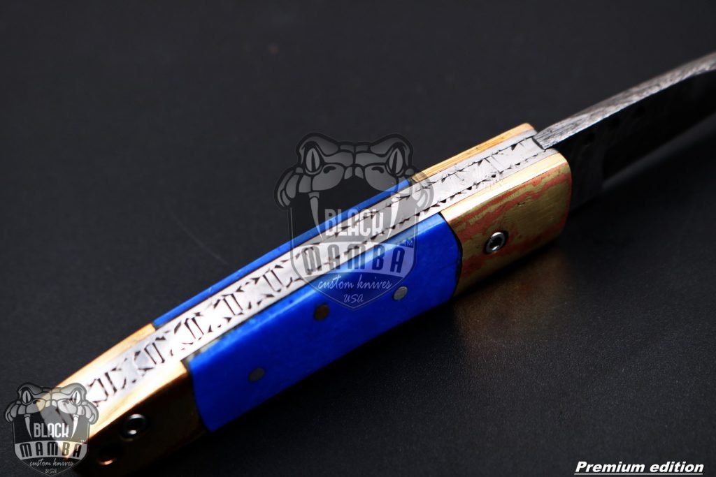 Bmk-1011 Poseidon 3 In Closed High End Damascus Pocket Knives Mokume Bolsters,Blue Lapis Gem Stone,Green Ruby - Image 8