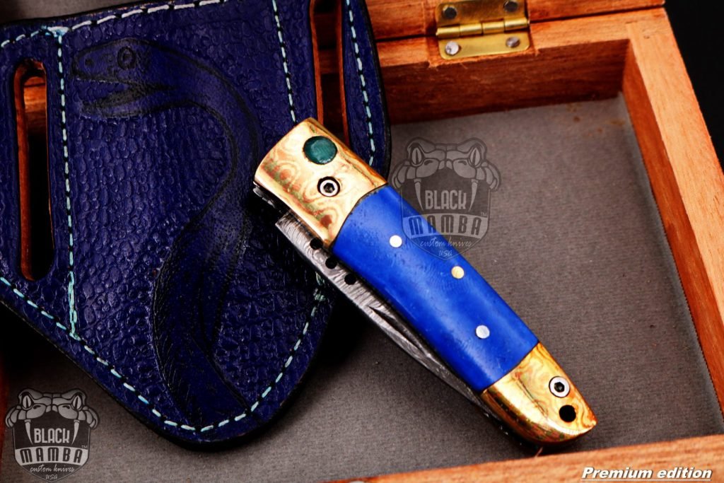 Bmk-1011 Poseidon 3 In Closed High End Damascus Pocket Knives Mokume Bolsters,Blue Lapis Gem Stone,Green Ruby - Image 10