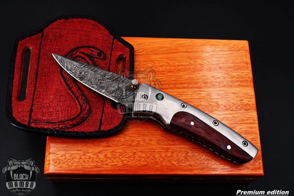 Black Mamba Knives Bmk-1013 Hephaestus 7.5 Long Damascus Pocket Knives Titanium Handle with paddock wood and A grade green ruby , Diamond - Image 2