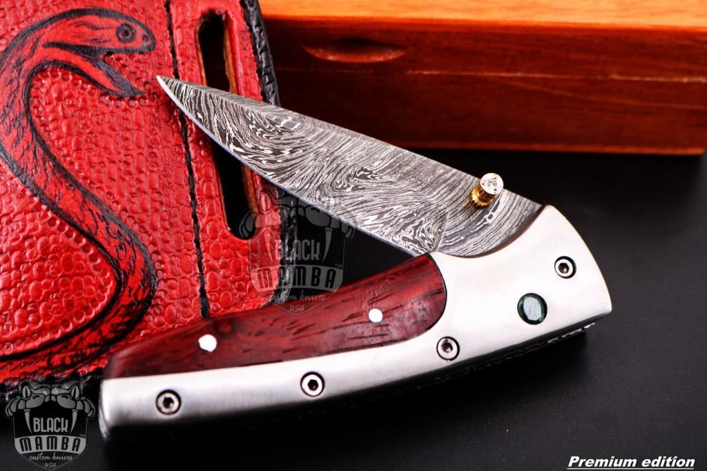 Black Mamba Knives Bmk-1013 Hephaestus 7.5 Long Damascus Pocket Knives Titanium Handle with paddock wood and A grade green ruby , Diamond - Image 3
