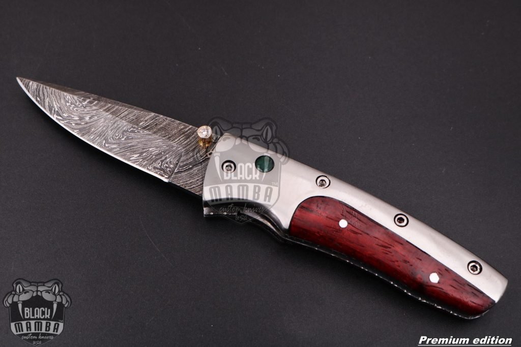 Black Mamba Knives Bmk-1013 Hephaestus 7.5 Long Damascus Pocket Knives Titanium Handle with paddock wood and A grade green ruby , Diamond - Image 4