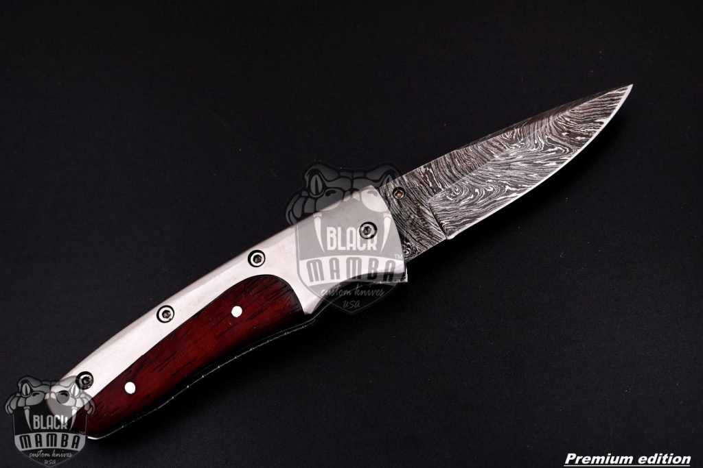 Black Mamba Knives Bmk-1013 Hephaestus 7.5 Long Damascus Pocket Knives Titanium Handle with paddock wood and A grade green ruby , Diamond - Image 6