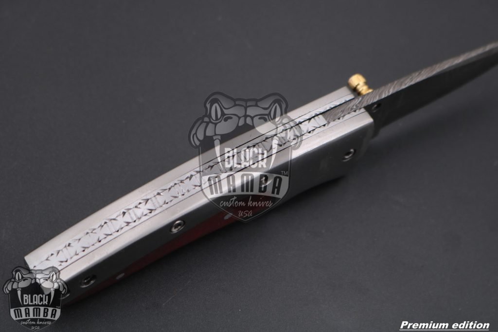 Black Mamba Knives Bmk-1013 Hephaestus 7.5 Long Damascus Pocket Knives Titanium Handle with paddock wood and A grade green ruby , Diamond - Image 7
