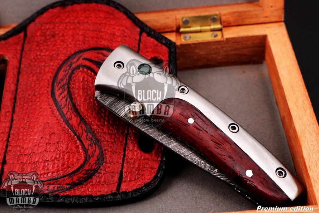 Black Mamba Knives Bmk-1013 Hephaestus 7.5 Long Damascus Pocket Knives Titanium Handle with paddock wood and A grade green ruby , Diamond - Image 9