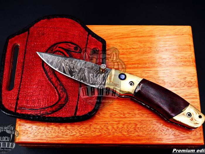 Black Mamba Knives Bmk-1015 Hestia 7.5 Long High End Damascus Pocket Knives Mokume Bolsters,Red Lasper Gem Stone,Red Ruby Pure White Diamond