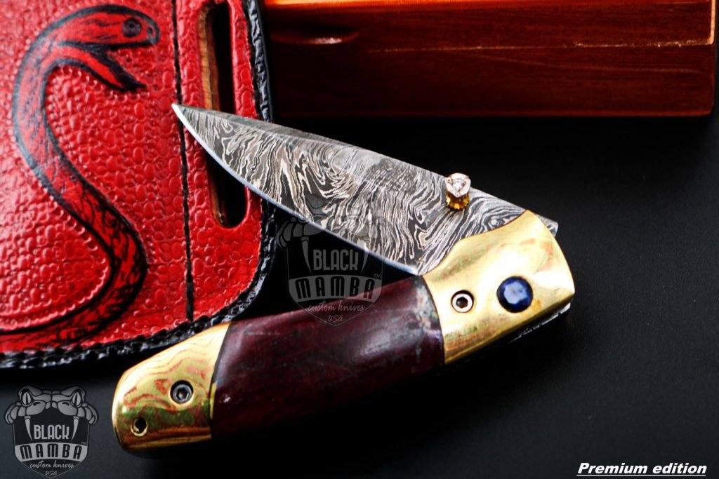 Black Mamba Knives Bmk-1015 Hestia 7.5 Long High End Damascus Pocket Knives Mokume Bolsters,Red Lasper Gem Stone,Red Ruby Pure White Diamond - Image 2