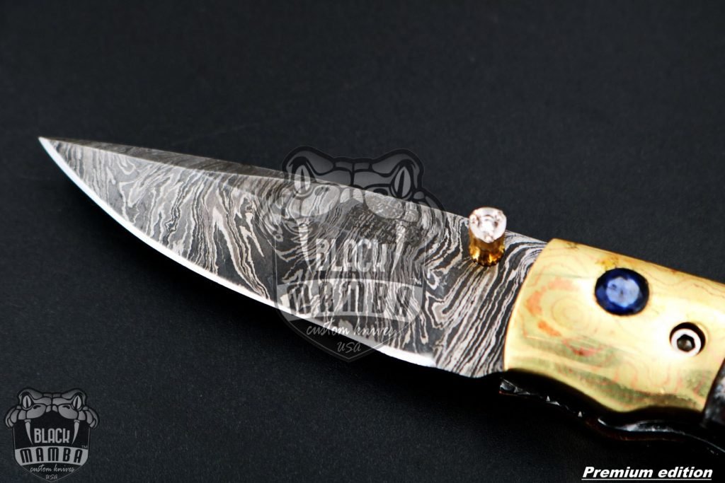 Black Mamba Knives Bmk-1015 Hestia 7.5 Long High End Damascus Pocket Knives Mokume Bolsters,Red Lasper Gem Stone,Red Ruby Pure White Diamond - Image 4
