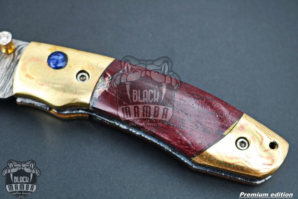 Black Mamba Knives Bmk-1015 Hestia 7.5 Long High End Damascus Pocket Knives Mokume Bolsters,Red Lasper Gem Stone,Red Ruby Pure White Diamond - Image 5