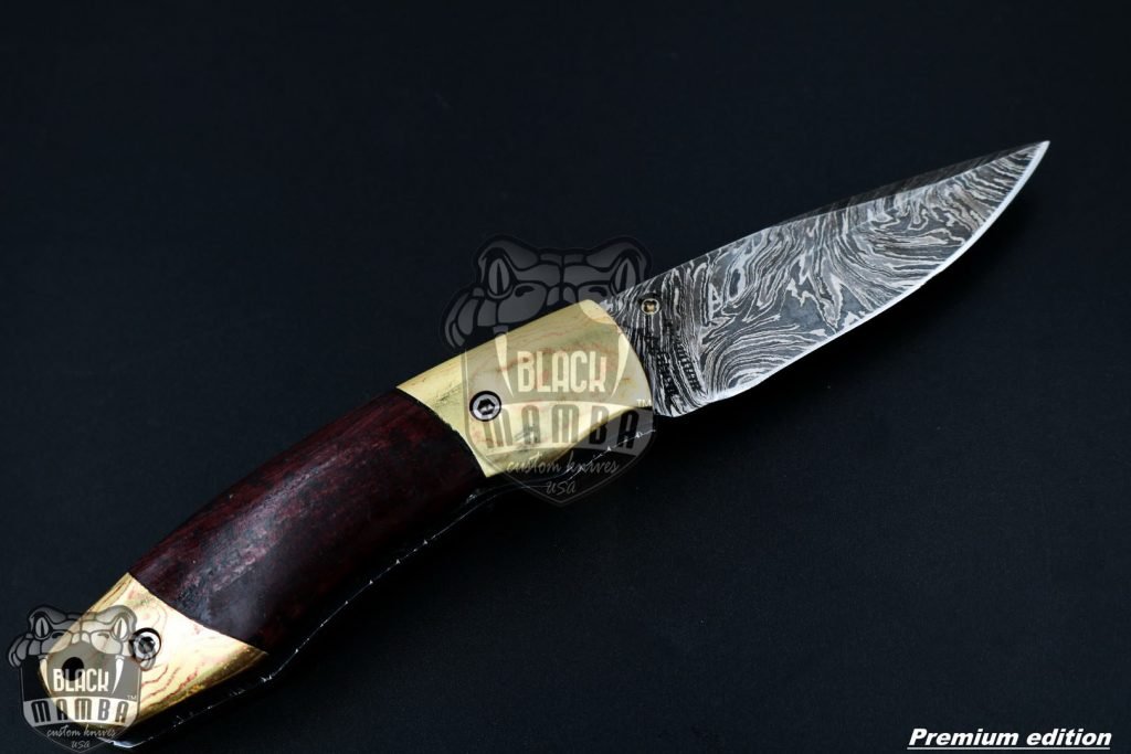 Black Mamba Knives Bmk-1015 Hestia 7.5 Long High End Damascus Pocket Knives Mokume Bolsters,Red Lasper Gem Stone,Red Ruby Pure White Diamond - Image 6