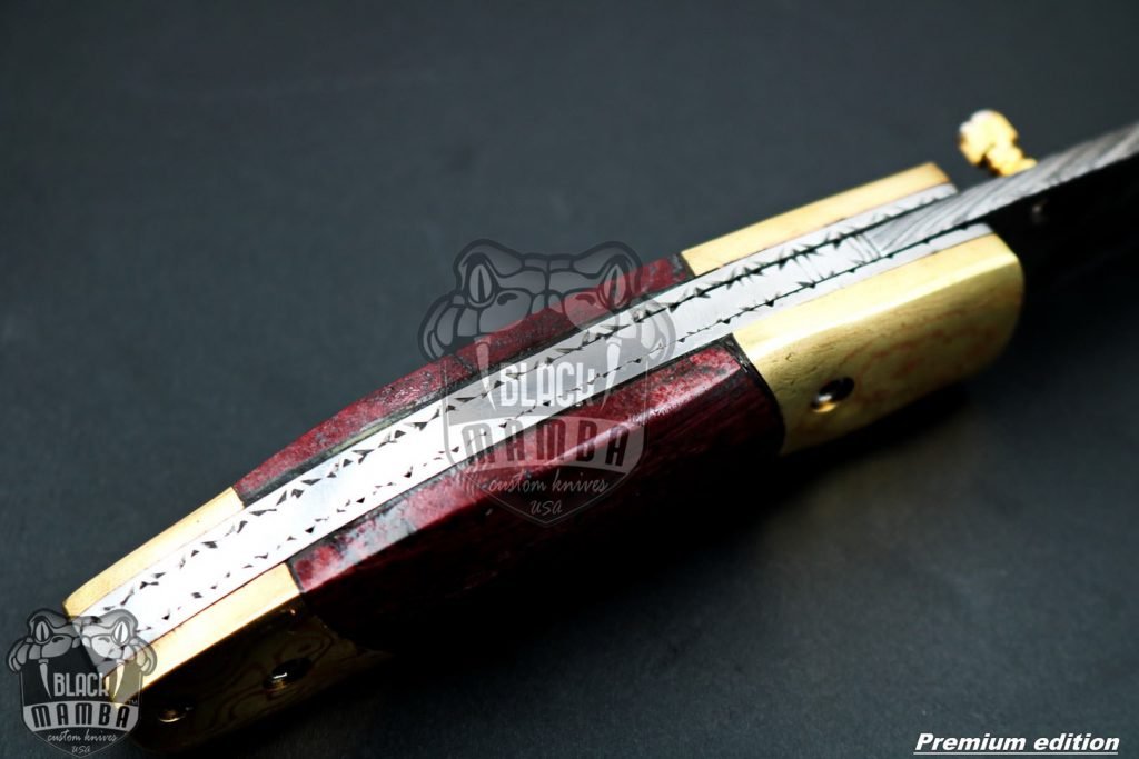 Black Mamba Knives Bmk-1015 Hestia 7.5 Long High End Damascus Pocket Knives Mokume Bolsters,Red Lasper Gem Stone,Red Ruby Pure White Diamond - Image 7