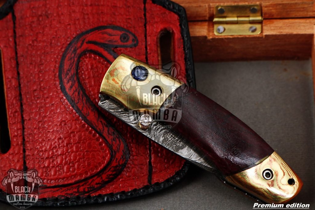 Black Mamba Knives Bmk-1015 Hestia 7.5 Long High End Damascus Pocket Knives Mokume Bolsters,Red Lasper Gem Stone,Red Ruby Pure White Diamond - Image 9