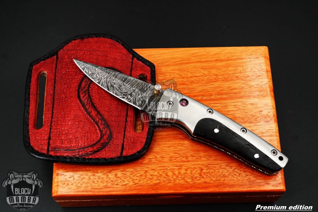 Black Mamba Knives Bmk-1016 Ananke 3.5 Inches Damascus Pocket Knives Titanium Handle with Wenge wood and A grade Red ruby , Diamond on it - Image 3