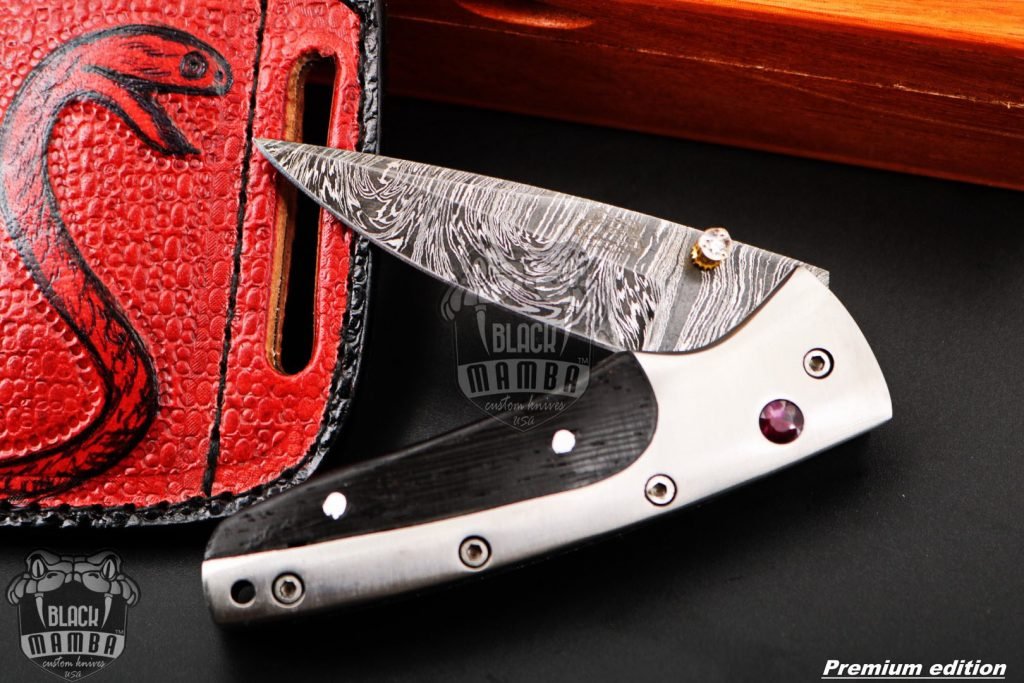 Black Mamba Knives Bmk-1016 Ananke 3.5 Inches Damascus Pocket Knives Titanium Handle with Wenge wood and A grade Red ruby , Diamond on it - Image 4